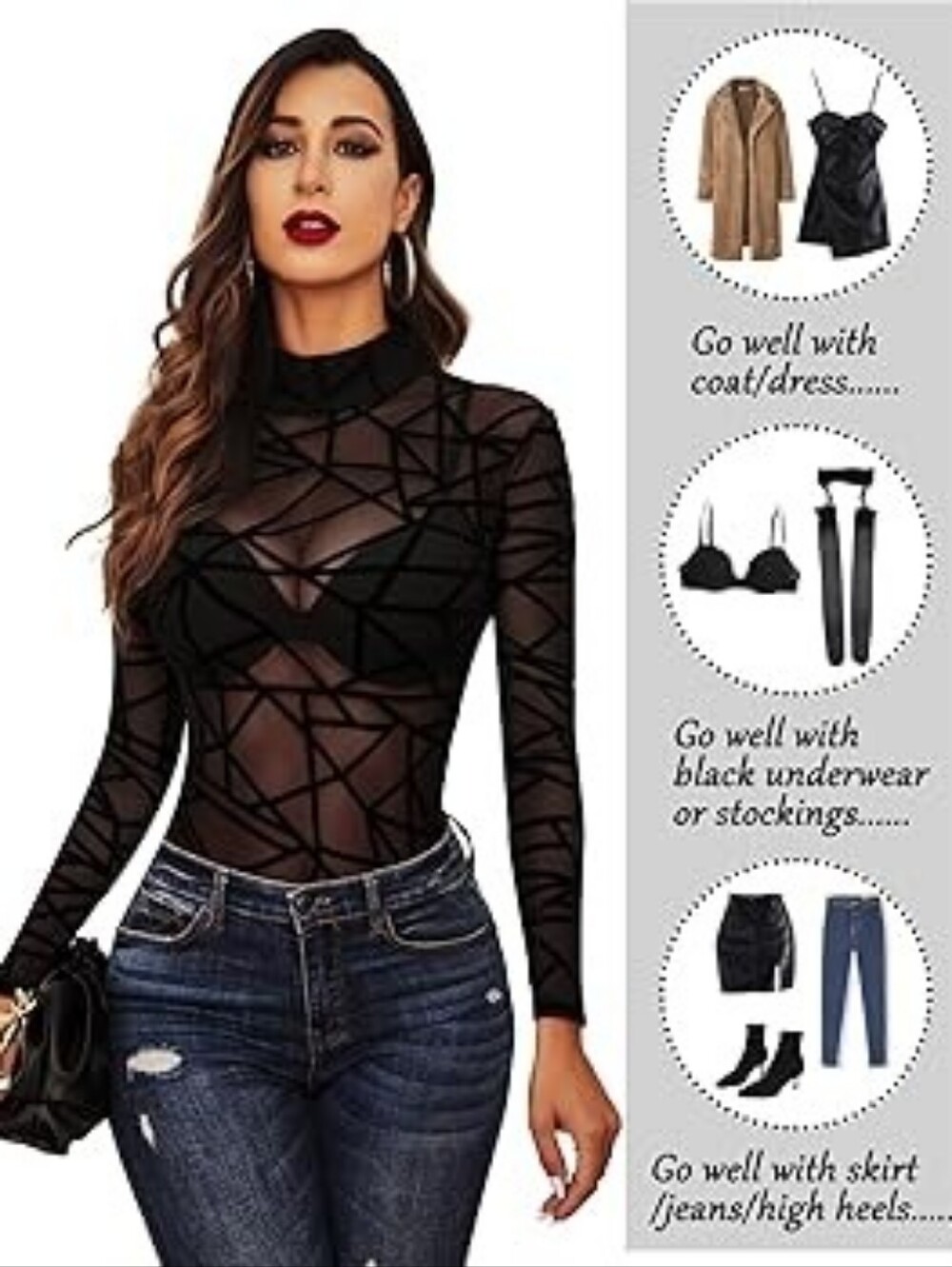 Black Geometric Mesh Long-Sleeve Bodysuit - Women